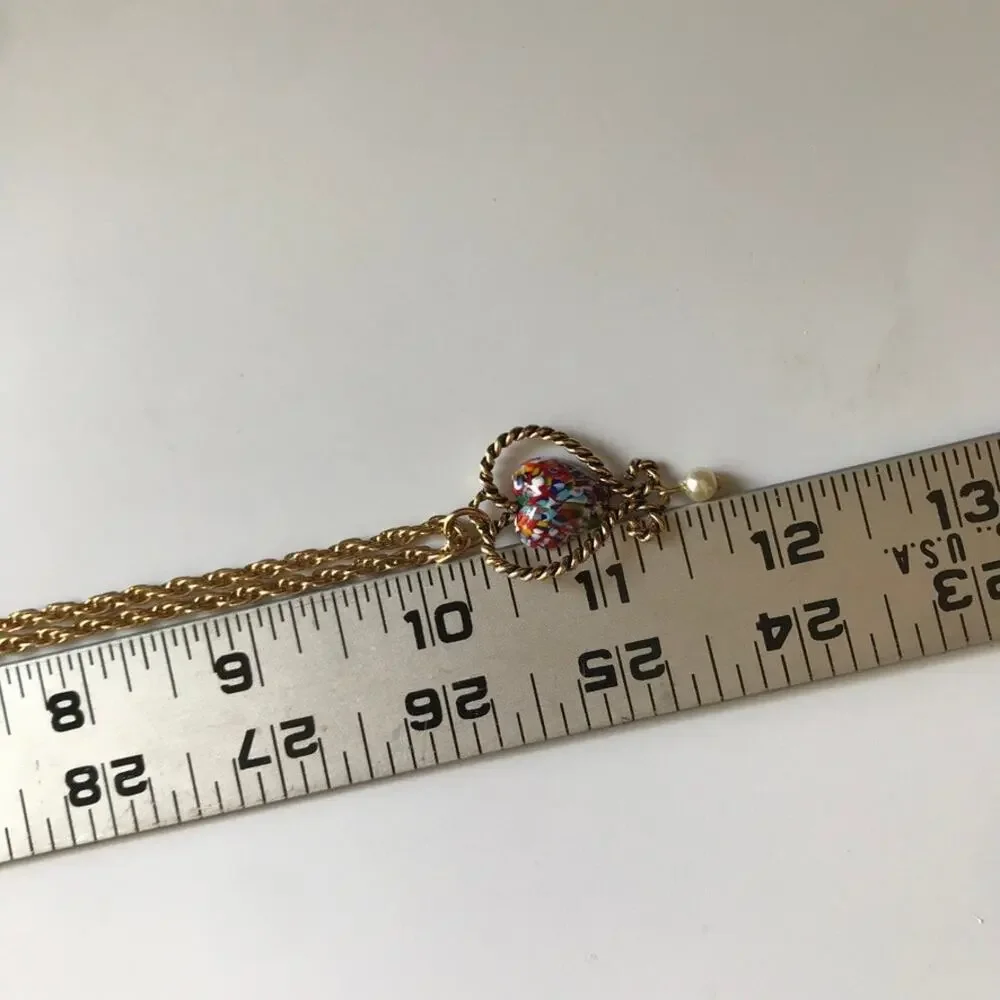 Sarah Coventry Twin Hearts Pendant Necklace Millefiori Glass Heart Gold Tone
